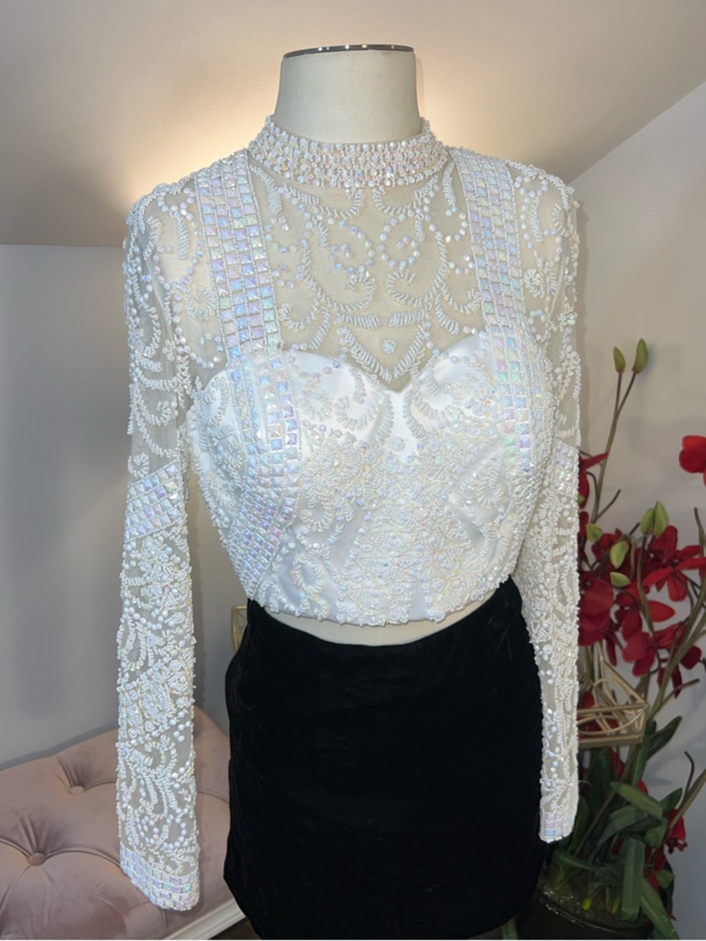 Sherri Hill White Beaded Long-Sleeve Crop Top  Bridal Size 10